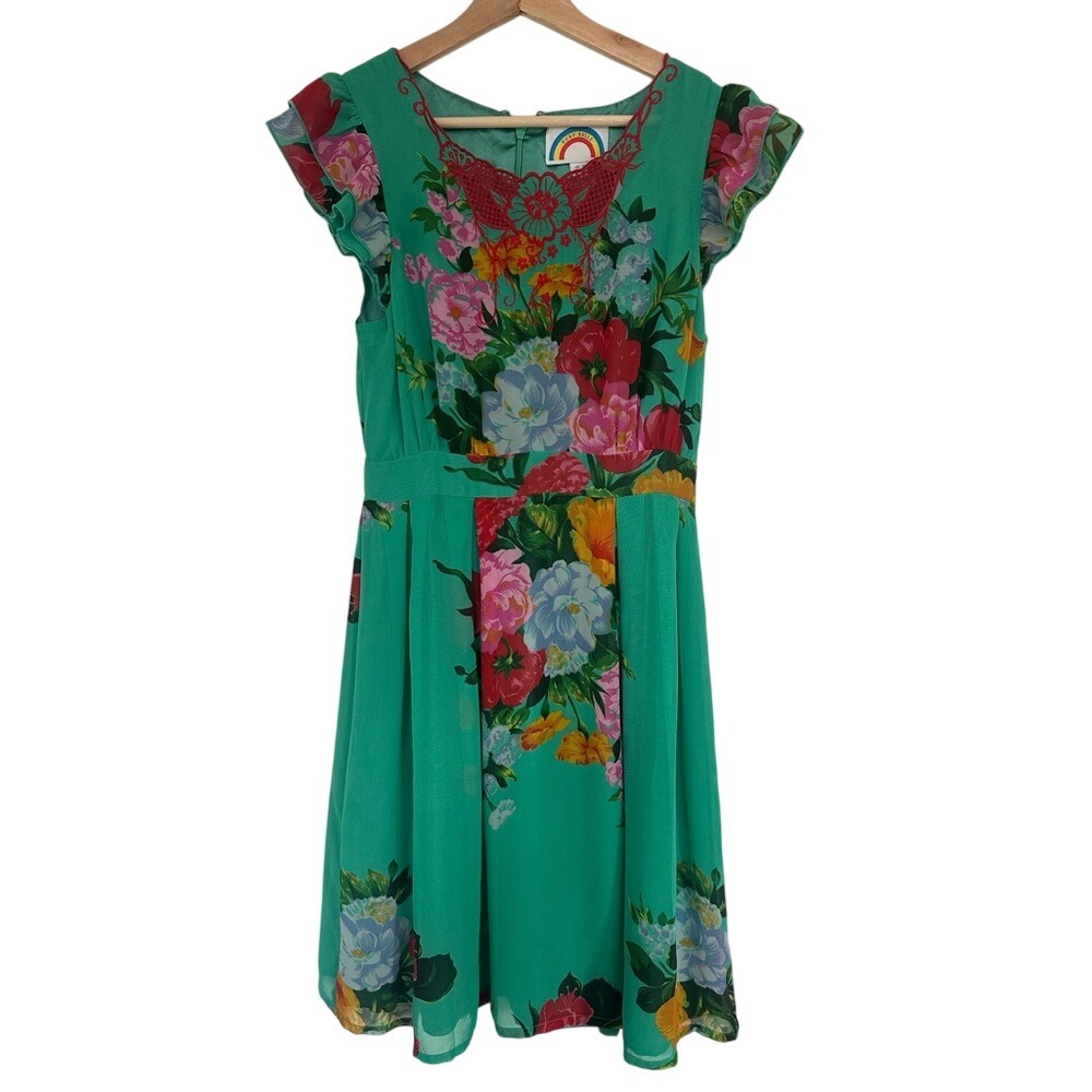 Ruby Belle‎ Green floral bold dress red embroidery size 6